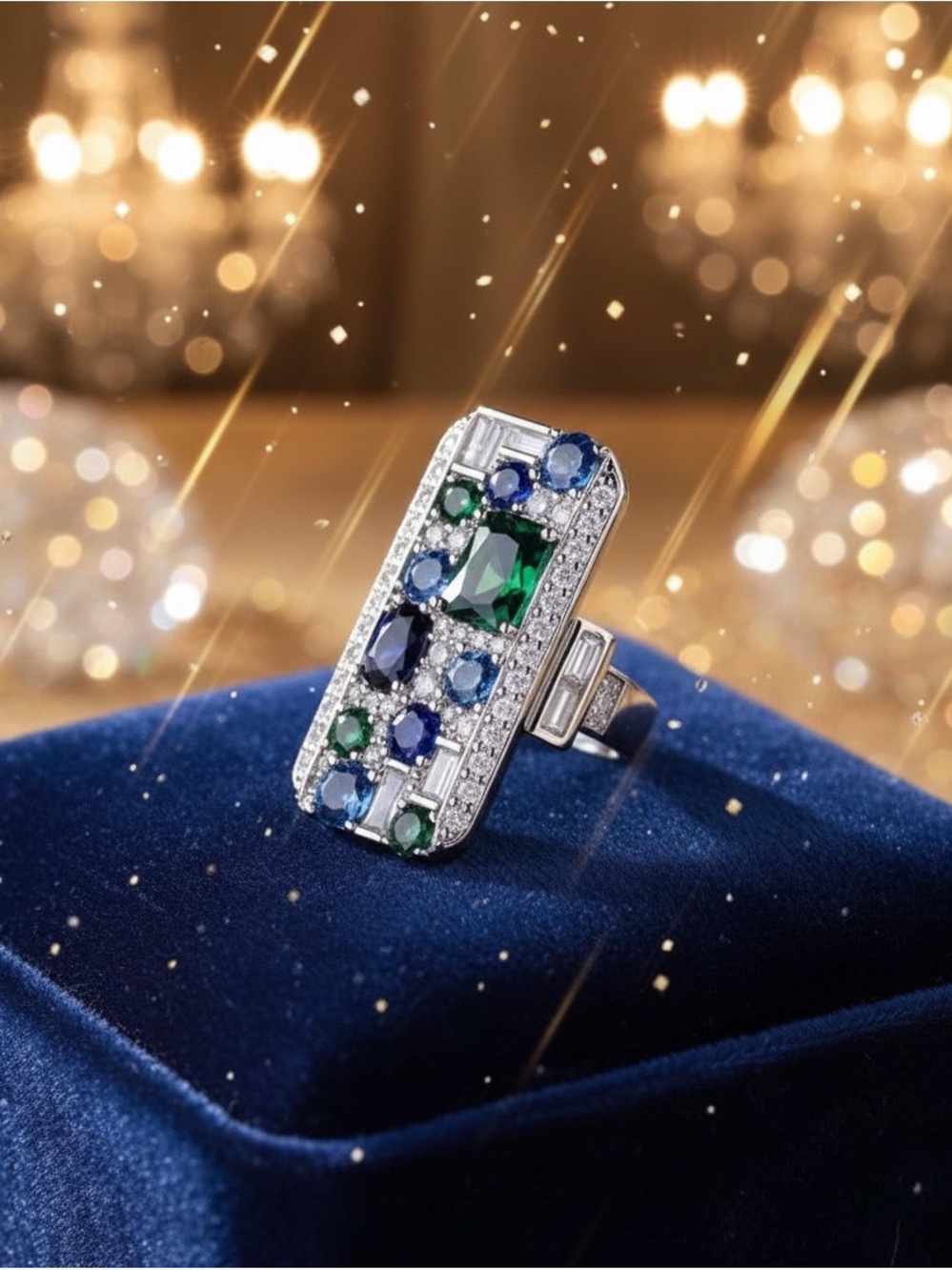 Old Hollywood Glam Emerald Sapphire Mosaic Statement Cocktail Ring Mobwife Bling